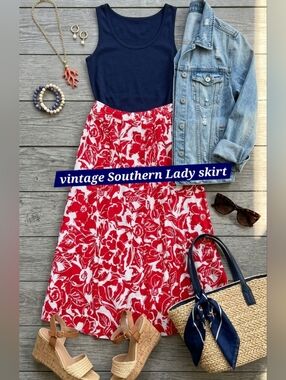 Southern Lady Floral A-Line Skirt - Red & White Rayon - 8 (VintageFits Like 0/2)